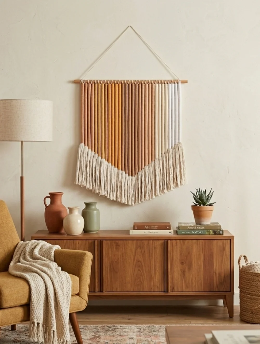 NEW Macrame Hanging Wall Decor Artwork Cotton Ivory Rusted Orange 24